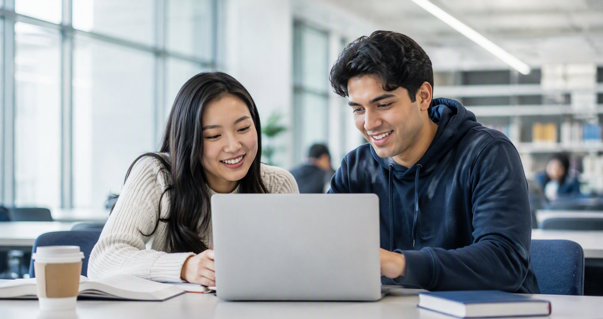 Estudiantes universitarios revisando su trabajo en una laptop