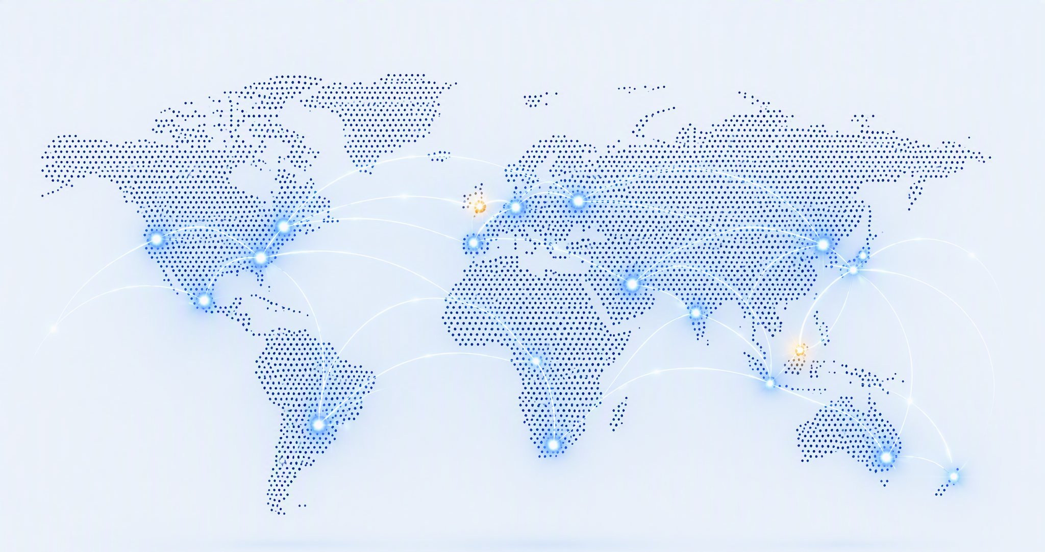 Mapa mundial con puntos de conexión en América, Asia, Europa y Oceanía