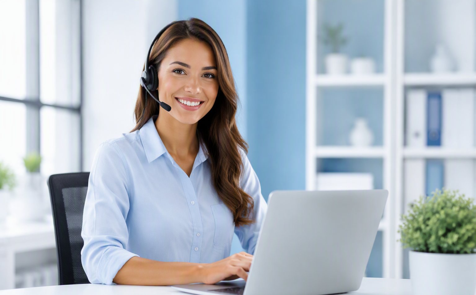 Especialista de soporte con auriculares frente a su laptop